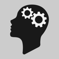 cog wheels inside human head silhouette vector flat style illustration - mental health and efficienc