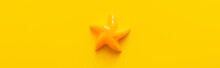 Top View Of Bright Starfish Toy On Yellow Background, Banner.