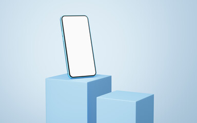 Wall Mural - 3d smartphone on blue cube podium floating on white copy space background. Realistic mobile phone with blank white screen. Minimal studio. ​Monotone pedestal mockup space for display app. 3d rendering