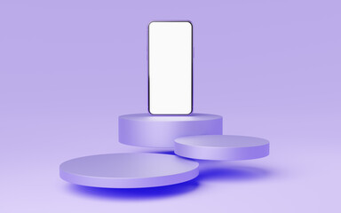Wall Mural - 3d smartphone on cylinder podium floating on purple background. Realistic mobile phone with blank white screen. Minimal studio. ​Monotone pedestal mockup space for display app. 3d rendering
