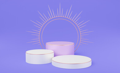 Wall Mural - 3 Empty violet cylinder podium with gold border and spiked halo circle on purple background. Abstract minimal studio 3d geometric shape object. Pedestal mockup space for luxury display. 3d rendering.