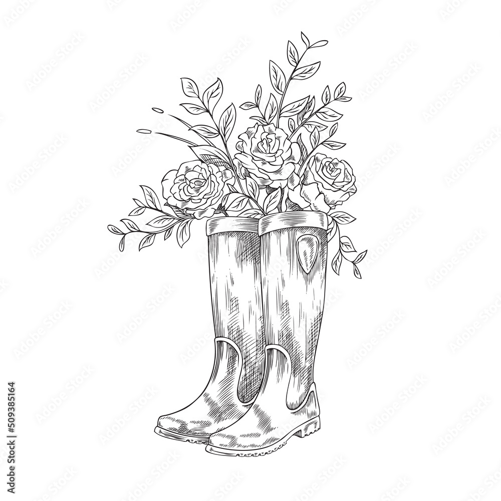 Rubber boots with bouquet of rose flowers, sketch vector illustration ...