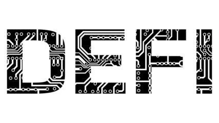 Wall Mural - word defi decentralized finance with circuit board tracks silhouette isolated on white. ecosystem of