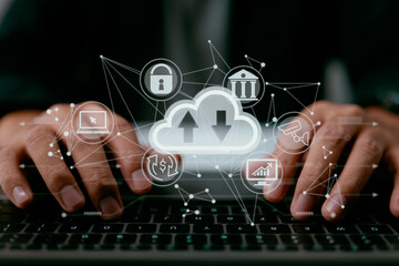 Leinwandbilder - A man uses a laptop that displays a schematic of cloud computing. Data storage, networking, and internet service as they relate to cloud technology.