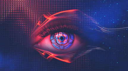 Abstract neon disco background, female abstract eye, neon light, makeup. Close-up of a woman's eye. 3D illustration.