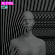 Vector abstract glitch art illustration from 3D rendering of frontal bust of a female figure in corrupted CRT TV oscillator white line halftone style on black background.