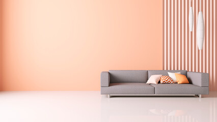 living room interior with peach background. Furnished with a gray sofa with cushions and two lamps. 3d rendering image, mock up