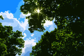 illustration of tree branches against the background of the sun and blue sky