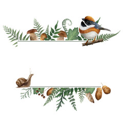 Wall Mural - Rustic border template with forest elements, green leaves, acorns, berries. Autumn botanical frame. Invitation frame isolated on white. Design element for invitations, greeting cards, cosmetic etc