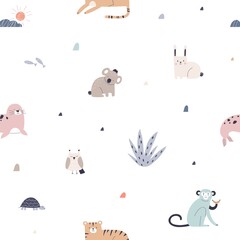 Poster - Cute Scandinavian animals pattern. Repeating print with kids characters in Scandi style. Seamless background for childish wallpaper, textile. Printable colored flat graphic vector illustration
