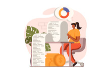 Analyzing Budget Web Concept In Flat Design. Woman Calculate And Control Money, Paying Bills Or Taxes, Analyzing Financial Data. Auditing And Finance Management. Illustration With People Scene