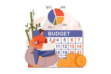 Poster - Analyzing budget web concept in flat design. Woman analyzing financial data on laptop and planning month pays with calendar. Auditing and finance management. Illustration with people scene