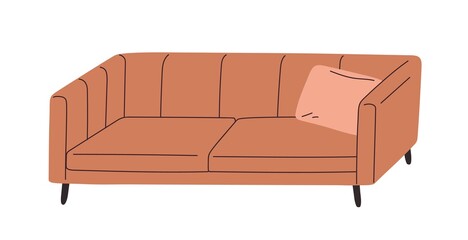 Poster - Mid-century sofa design. Trendy retro-styled couch, love seats with cushion. Cozy soft furniture on wood base for living room interior. Colored flat vector illustration isolated on white background