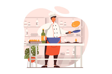 Cooking and restaurant web concept in flat design. Chef bakes pancakes standing at stove, ingredients on table in kitchen. Culinary art and professional staff. Illustration with people scene