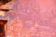 Ancient Native American Rock Art, Damaged By Modern Graffiti, Valley Of Fire, Nevada
