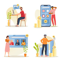 Poster - NFT concept with people scene set. Men and women making digital artwork with non-fungible tokens for marketplace, selling and buying art via cryptocurrency. Vector illustration in flat design for web