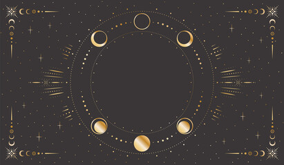 Wall Mural - vector mystic celestial golden frame with stars, moon phases, crescents, beams and copy space. ornat