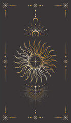 Wall Mural - vector celestial background with ornate outline sun, stars, moon phases, crescents, beams and elegan