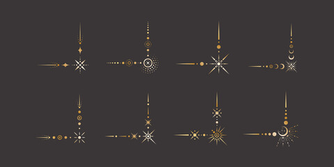 vector celestial golden border set with stars, moon phases, crescents and dots. collection of ornate