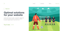 Penalty Kick Of Soccer Player On Field Of Stadium. Male Goalkeeper And Team Of Defenders Defending Gate From Pitch And Ball Hit Flat Vector Illustration. Penalty Shot, Football Match, League Concept