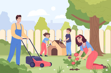 Fototapete - family taking care of garden in backyard. father mowing lawn, mother planting flower, children paint