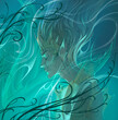 Mysterious and fantasy illustration of a sad and beautiful portrait of an underwater creature