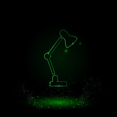Poster - A large green outline table lamp symbol on the center. Green Neon style. Neon color with shiny stars. Vector illustration on black background
