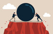 Leadership rivalry between two entrepreneur pushing a boulder against each other to eliminate from competition. Vector illustration.