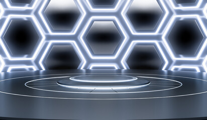 Wall Mural - Futuristic Sci Fi Empty Stage with hexagon neon Glowing Lights. Abstract Background. 3D Rendering.