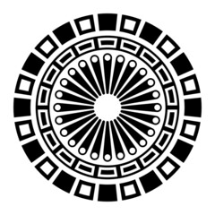 Abstract circular ornament. Isolated ethnic symbol. Stylized sun symbol. Rosette of geometric elements. Tribal ethnic motif. Stencil tattoo and prints. Round vector pattern. Decorative design element.