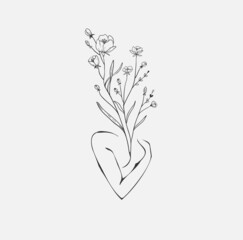 Concept art of blossom beauty. Elegant linear woman with floral branch and wildflowers. Minimalistic female figure and face. Vector art of femininity and beauty for logo or wall art. Botanical