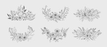 Set Of Floral Compositions. Botanical Arrangement Of Leaves Branches And Blooming Flowers. Vector Ornamental Herbs In Boutonniere And Bouquet. Wedding Design