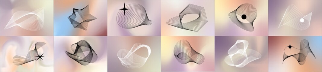 Wall Mural - trendy geometric wave design elements on fluid gradient background inspired brutalism, abstract bauh