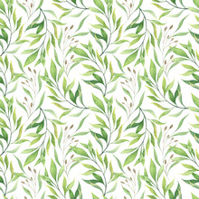 Green Leaves And Seeds. Elegant Wild Grasses. A Vegetal Seamless Pattern.