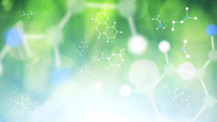 Poster - artistic nature bokeh with chemical hexagon bonds loop animation.