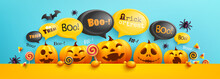 Happy Halloween Poster And Banner Template With Cute Halloween Pumpkin And Bubble Message On Top. Website Spooky,Background Or Banner Halloween Template.