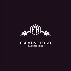 FR initial monogram for fitnes or gym logo with creative shield and barbell design