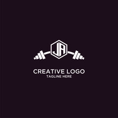 JA initial monogram for fitnes or gym logo with creative shield and barbell design