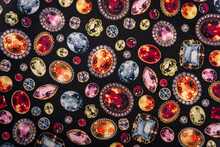 Jewel Pattern Print On A Black Textile Fabric Bg, Diamonds And Rubies