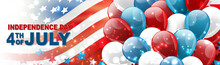 4th Of July United States National Independence Day Celebration Banner With Blue, Red, And White Balloons, Confetti, Stars, And American Flag Design Concept. Vector Illustration.