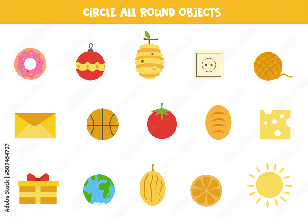 Three Round Objects Find all round objects. Educational worksheet for children. Stock ...