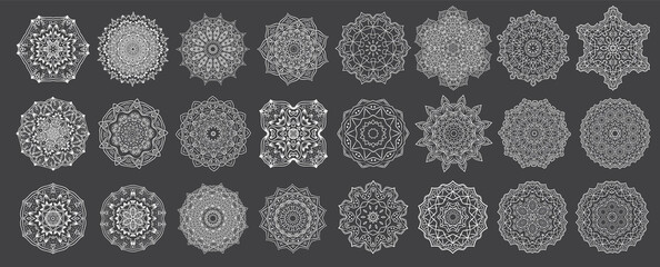 Set of Ethnic Fractal Mandala Vector Meditation Tattoo looks like Snowflake or Maya Aztec Pattern or Flower too Isolated on White