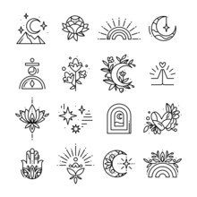 Set Of Tattoo In Minimalism. Thin Line Shapes Collection Of Yoga And Nature Symbols. Vector Illustration In Boho Line Style