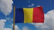 National flag of Romania waving 3D Render with flagpole and blue sky, Republic of Romania flag textile or drapelul Romaniei, coat of arms Romania independence day, Romanian flag. 3d illustration