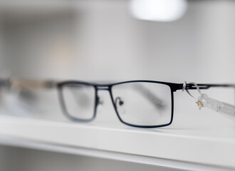 Modern eyeglasses close up view. Stylish classical vision accessory.