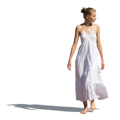 Young woman in a long summer dress walking barefoot, isolated on white background