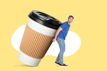 Wall Mural - Male courier with big cup of coffee on yellow background