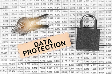 Poster - Against the background of a table with reports, a lock, keys and a sign with the inscription - data protection