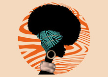 Portrait African Woman Wears Bandana For Curly Hairstyles. Shenbolen Ankara Headwrap Women. Afro Traditional Headtie Scarf Turban In Tribal Orange Zebra Fabric Design Texture. Vintage Vector Isolated 