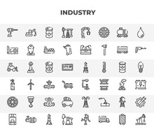 Thin Line Industry Icons Set. Outline Icons Such As Industrial Drill, Oil Pumps, Planing, Currency, Clamp, Hook Crane, Compressor, Water Tank, Pumpjack, Drilling Vector.